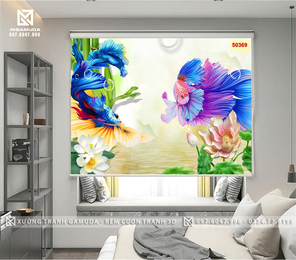 Rèm Cuốn Tranh 3D Đôi Cá Hoa Sen Trắng Rèm Cản Sáng Cản Nhiệt Tốt