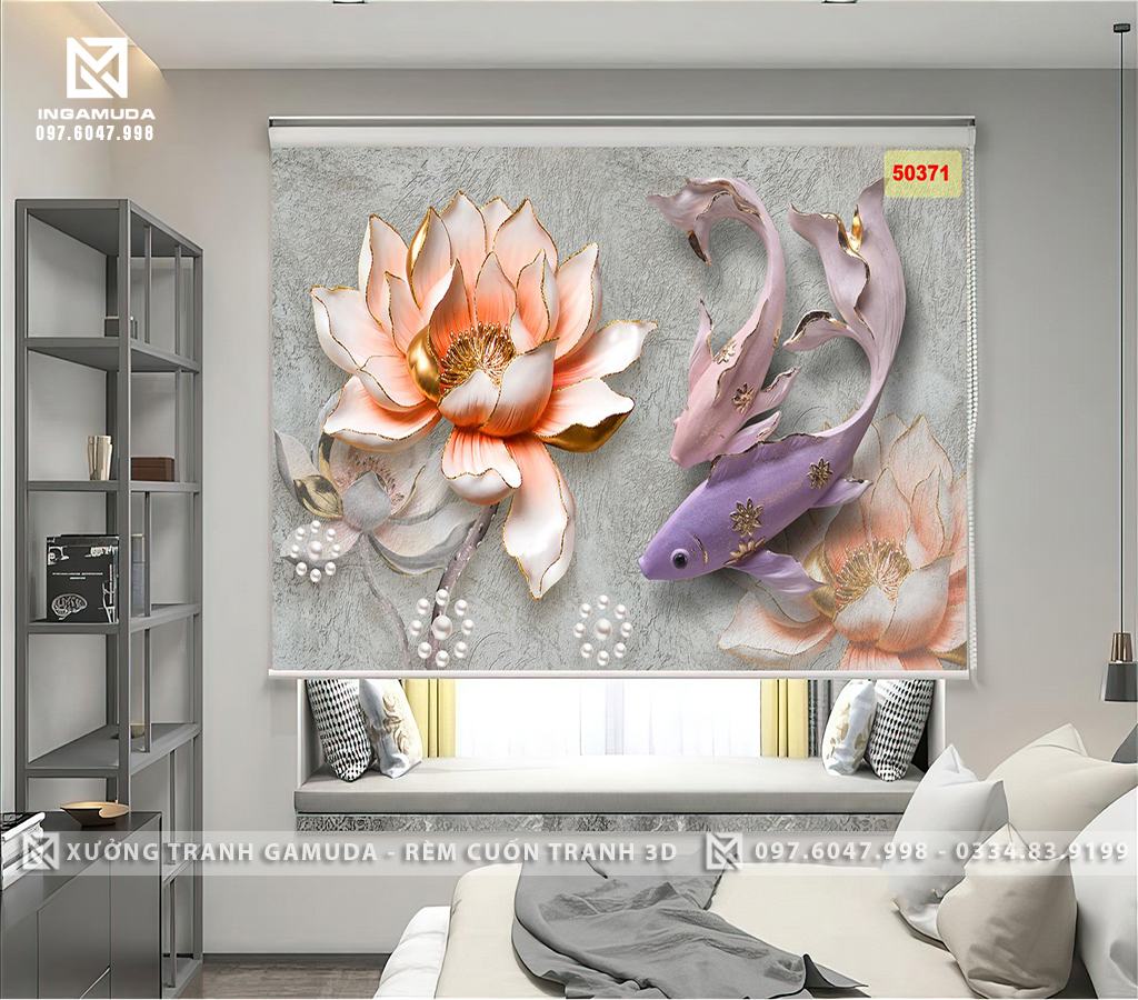Rèm Cuốn In Hình Hoa Sen Đôi Cá Nền Xám Mầu