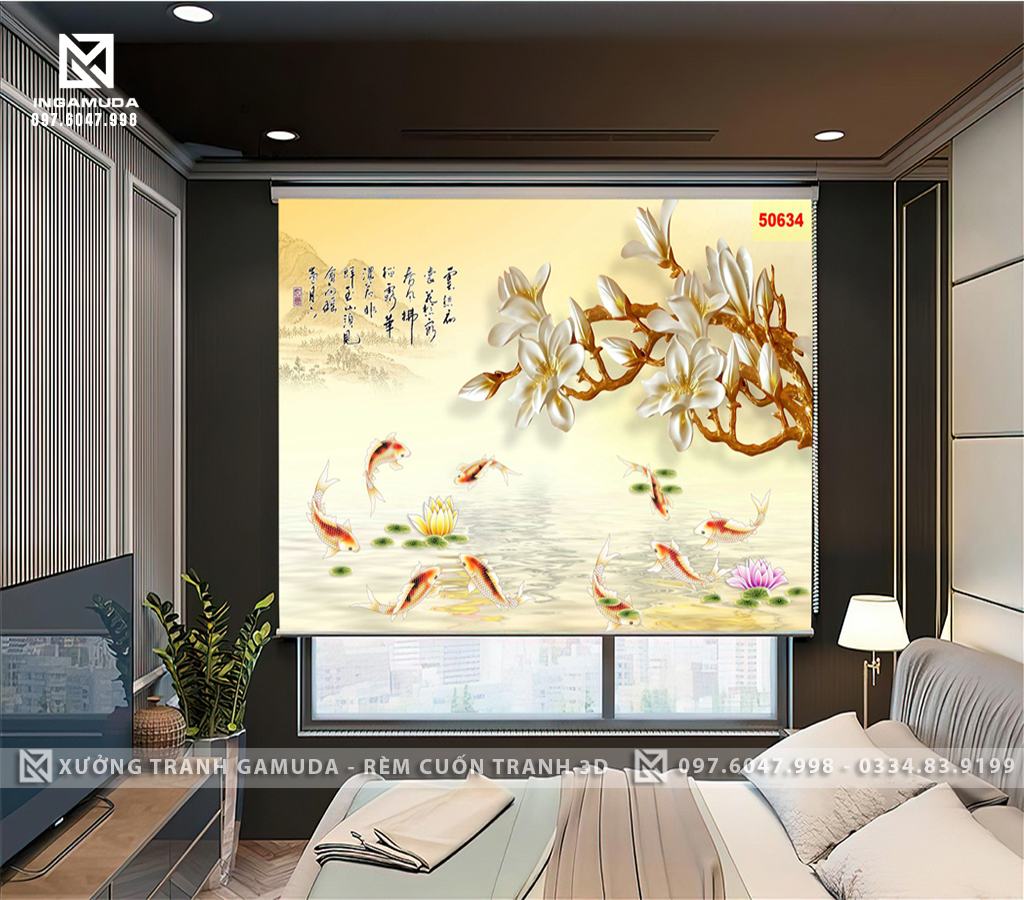 Rèm Cuốn Tranh 3D Nền Vàng Hoa Mộc Lan Cá Chép Tài Lộc May Mắn