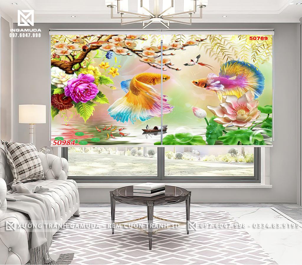 Rèm Cuốn In Tranh Hoa Đào Hoa Sen Cá 3D Rèm Cản Sáng Cản Nhiệt Gamuda
