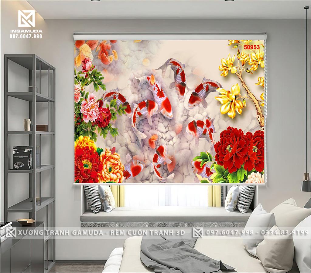 Rèm Cuốn Tranh 3D In Hình Cá Chép Cá Koi Hoa Mẫu Đơn Hoa Mai Tài Lộc