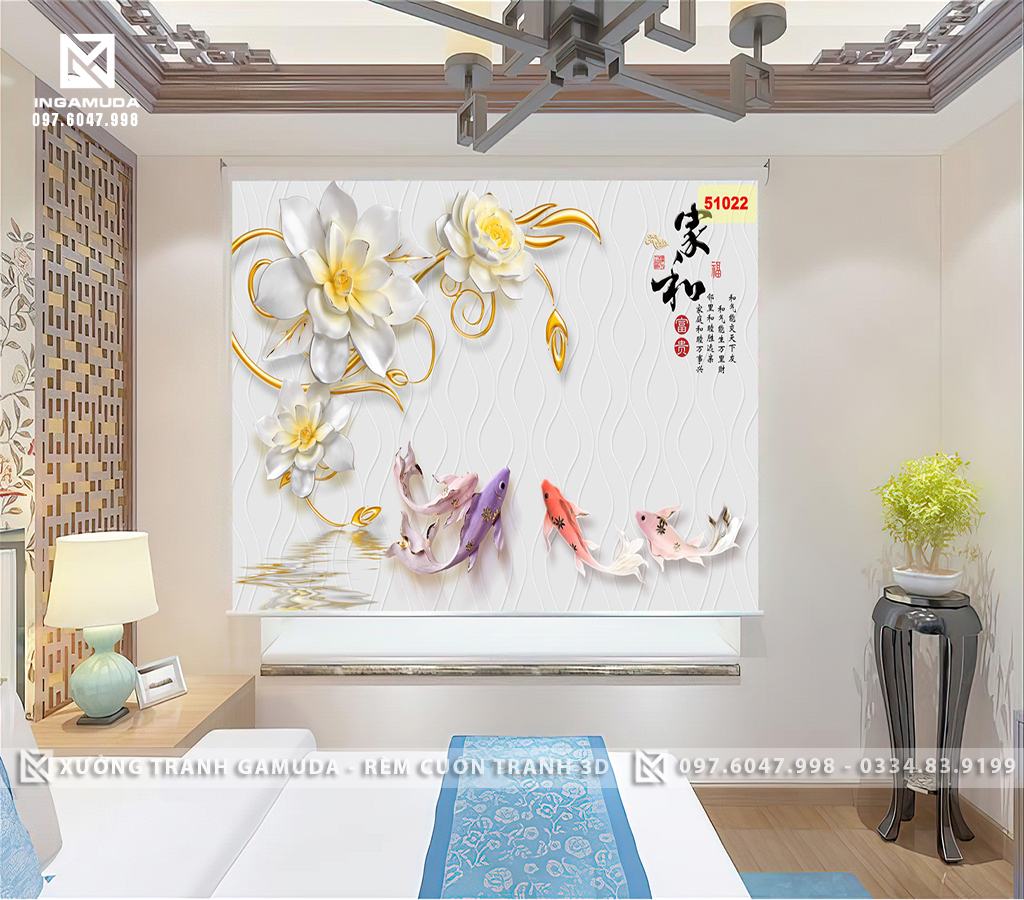 Rèm Cuốn In Tranh Hoa 3D Cá Đẹp Tại Xưởng Rèm Gamuda