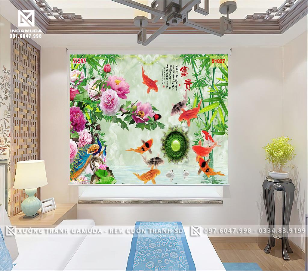Rèm Cuốn In Tranh 3D Mầu Xanh Ngọc Có Cá Chép Cửu Ngư Bát Tụ Bảo Chim Công Hoa Mẫu Đơn Trúc Quân Tử Tài Lộc Vẹn Toàn