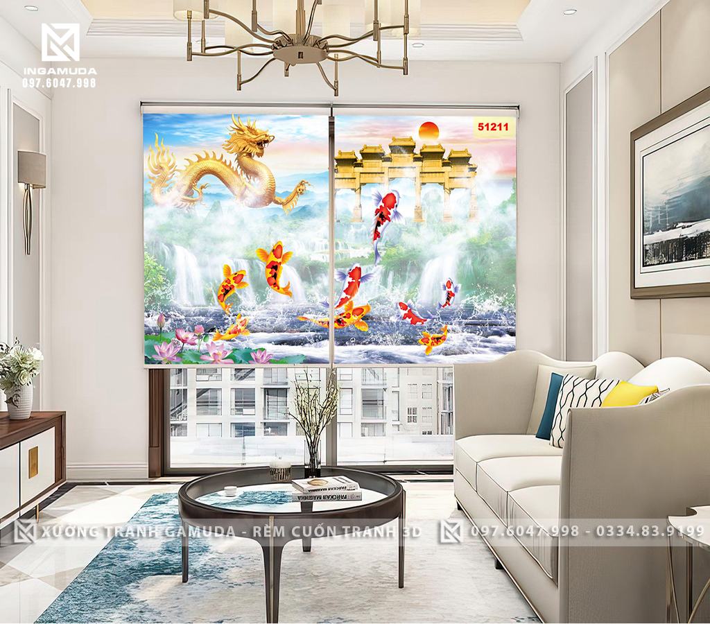 Rèm Cuốn Tranh 3D Cá Chép Hóa Rồng Cửu Ngư Vượt Long Môn