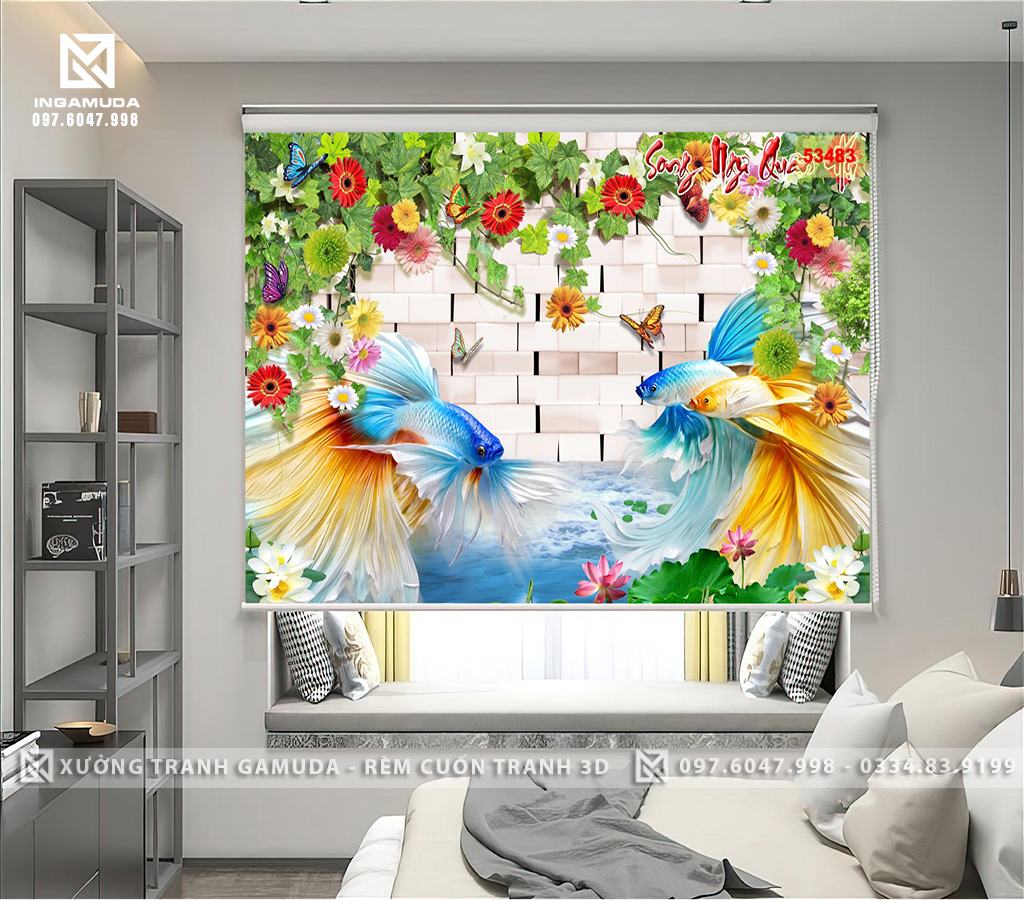 Rèm Cuốn Tranh Đôi Cá Tường Hoa Leo Cản Sáng Cản Nhiệt