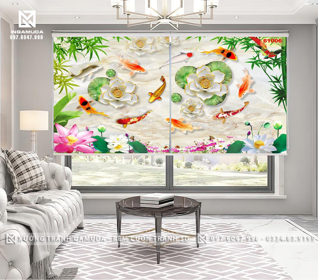Rèm Cuốn Tranh 3D Cửu Ngư Cá Chép Hoa Sen