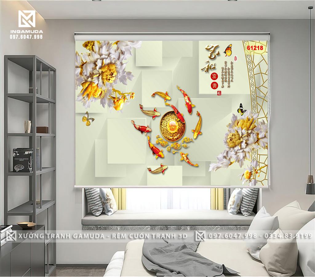 Rèm Cuốn In Tranh 3D Cửu Ngư Cá Chép Sang Trọng
