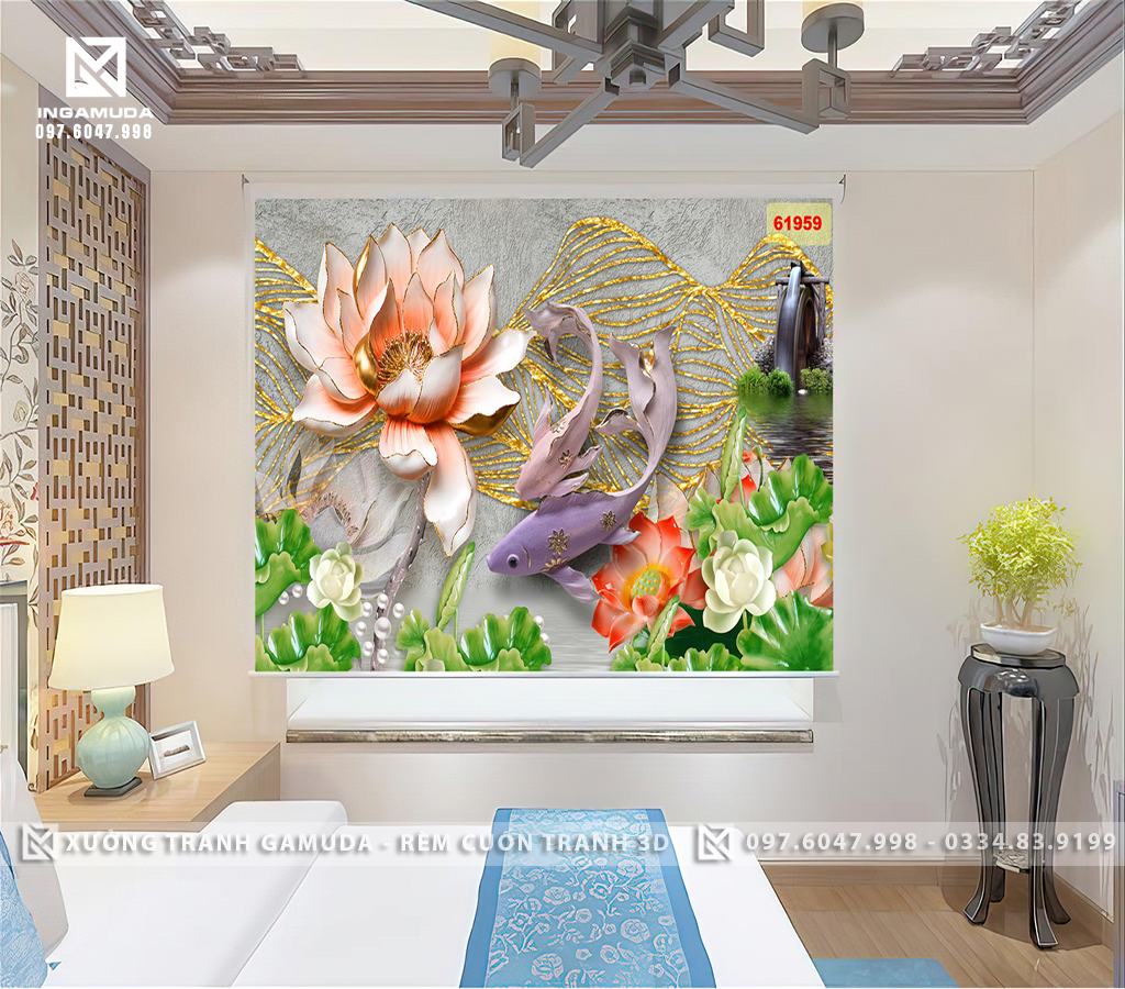 Rèm In Tranh 3D Hoa Sen Đôi Cá Nền Ngọc Cản Sáng Cản Nhiệt