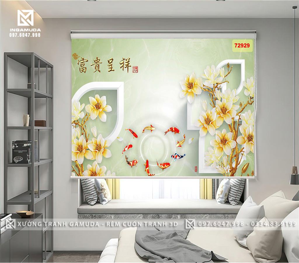 Rèm Cuốn Tranh 3D Phú Quý Cát Tường Cửu Ngư Quần Hội