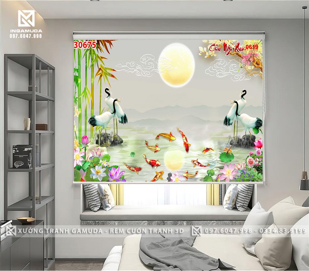 Rèm Cuốn Tranh 3D Cá Chép Nền Ngọc Sản Xuất Rèm Cuốn Tại Xưởng Rèm Gamuda