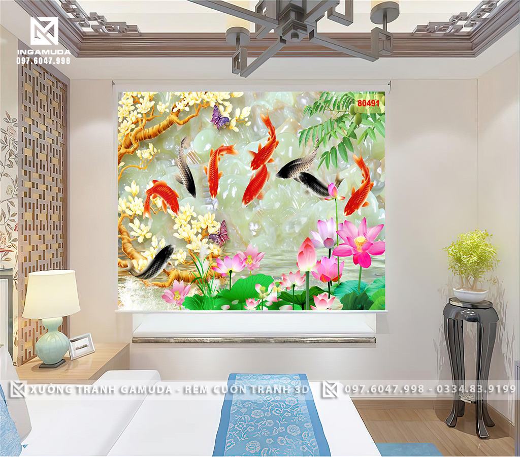 Rèm Cuốn Tranh Cửu Ngư Nền Ngọc