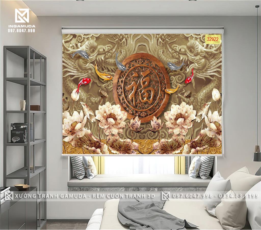 Rèm Cuốn In Tranh 3D Điêu Khắc Chữ Phúc Và Những Hoa Sen Đá- Xưởng Rèm Cuốn Tranh 3D Gamuda