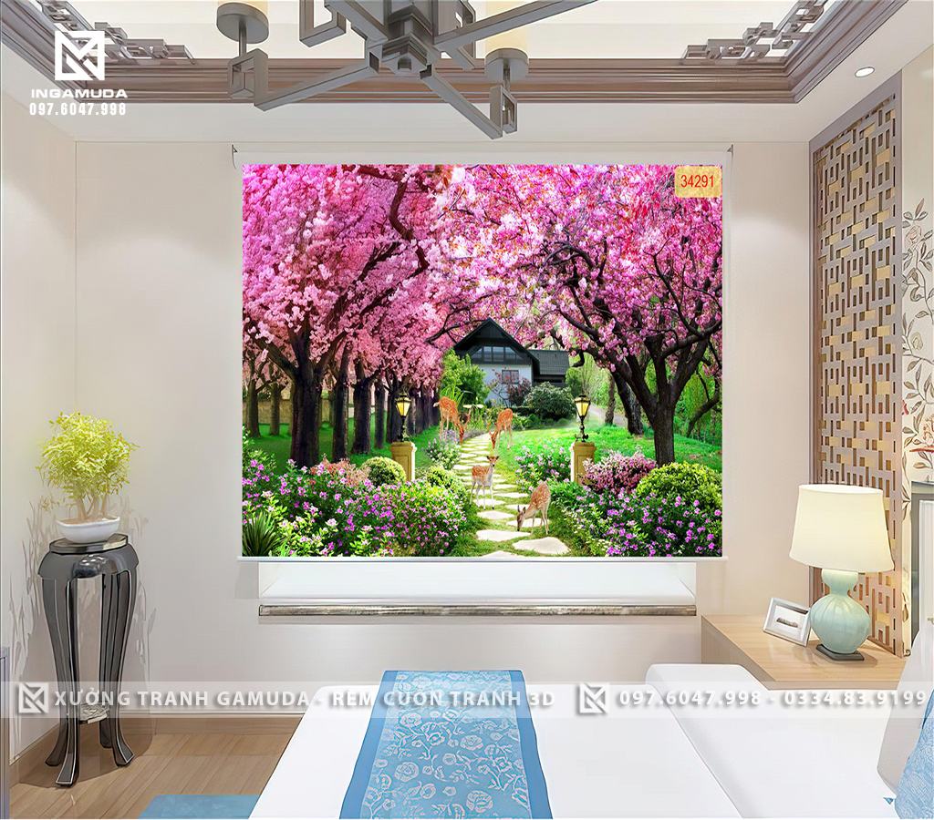 Rèm Cuốn Tranh 3D In Con Đường Rực Rỡ Sắc Màu Hoa Cản Sáng Cản Nhiệt Sản Xuất Tại Xưởng Rèm Gamuda