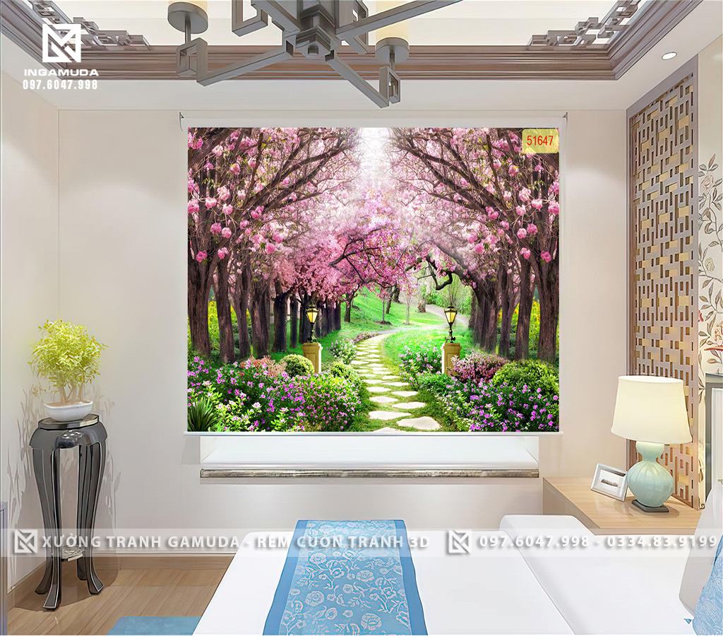 Rèm Cuốn Tranh 3D In Con Đường Với Gam Màu Sáng Tạo Sự Bình Yên Cho Bức Tranh