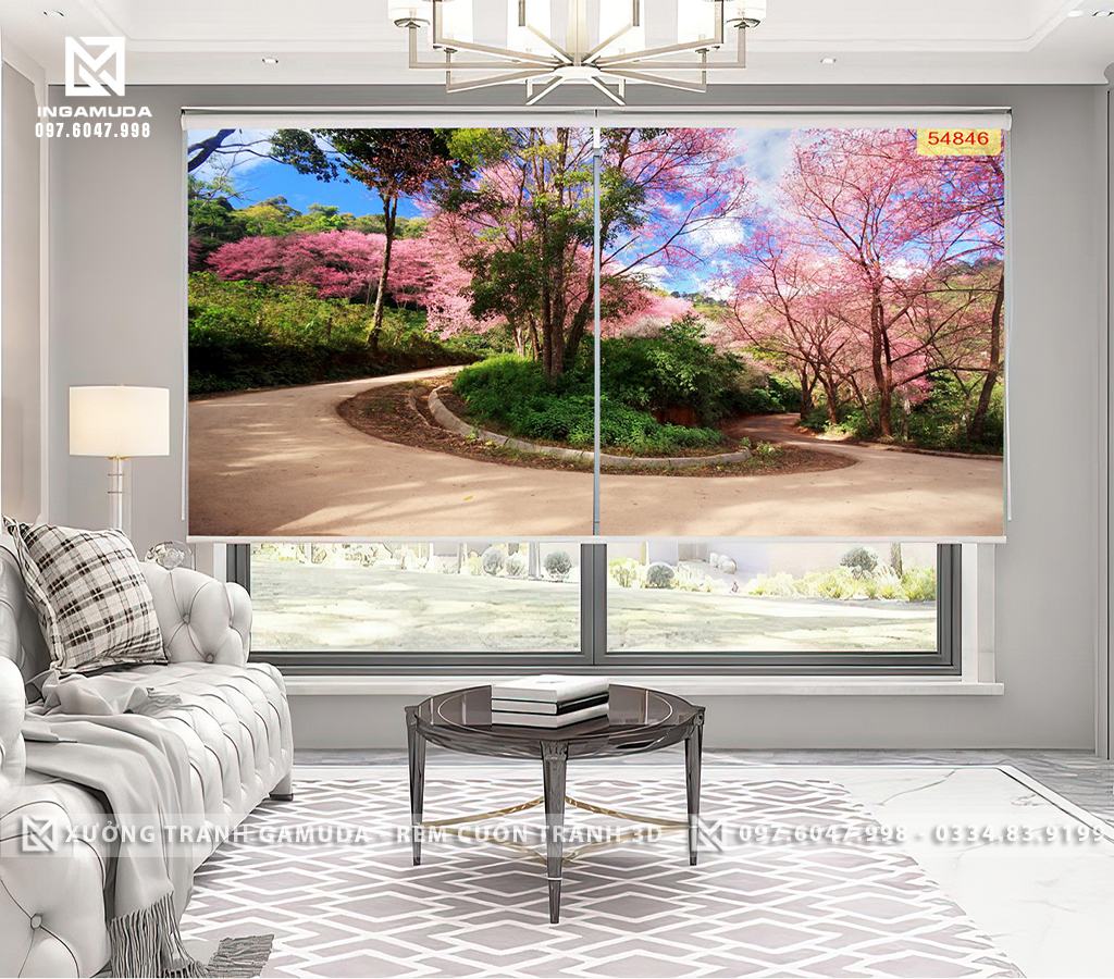 Rèm Cuốn Tranh In 3D Con Đường Màu Hồng Có Hoa Và Lá Sản Xuất Tại Xưởng Rèm Gamuda