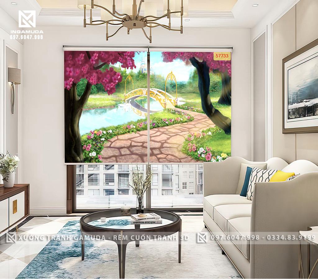 Rèm Cuốn Tranh 3D In Hình Con Đường Mùa Xuân Với Gam Màu Tươi Sáng Của Hoa Anh Đào