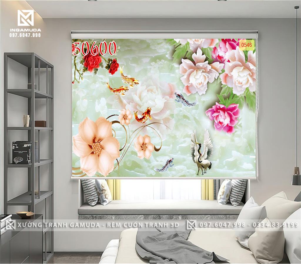 Rèm Tranh 3D In Họa Tiết Hoa Hồng Trên Nền Ngọc Xanh - Rèm Cản Sáng Cản Nhiệt
