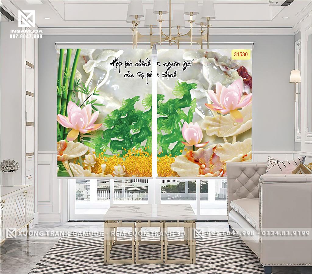 Rèm In Tranh 3D Họa Tiết Hoa Sen Đá Cùng Cây Tre Biểu Tượng Cho Sức Sống Mãnh Liệt, Tinh Thần Đoàn Kết Của Dân Tộc Ta