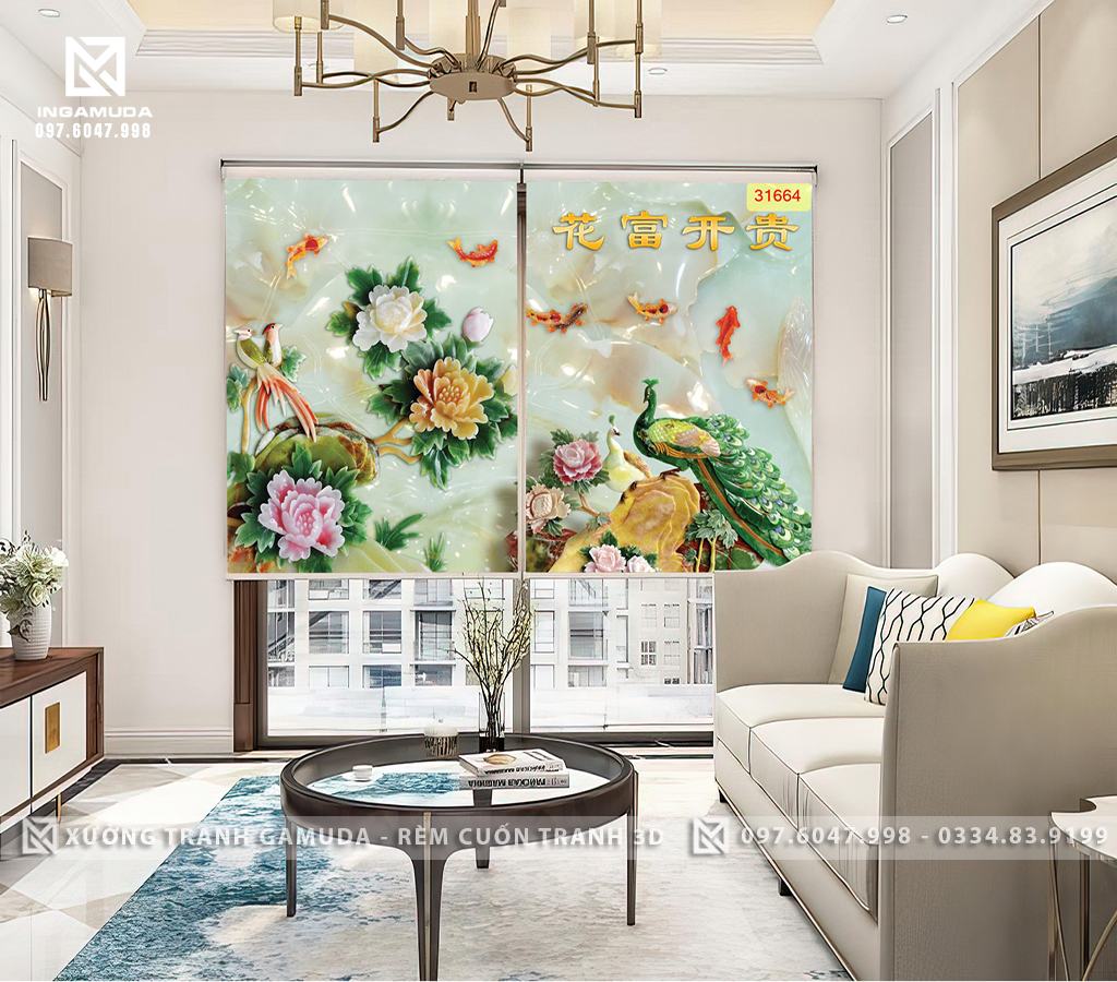 Rèm Cuốn Tranh Họa Tiết Hoa Sen Đá Cùng Công Khổng Tước Sang Trọng- Xưởng Rèm Gamuda In Ấn Và Sản Xuất Theo Đơn Đặt Hàng