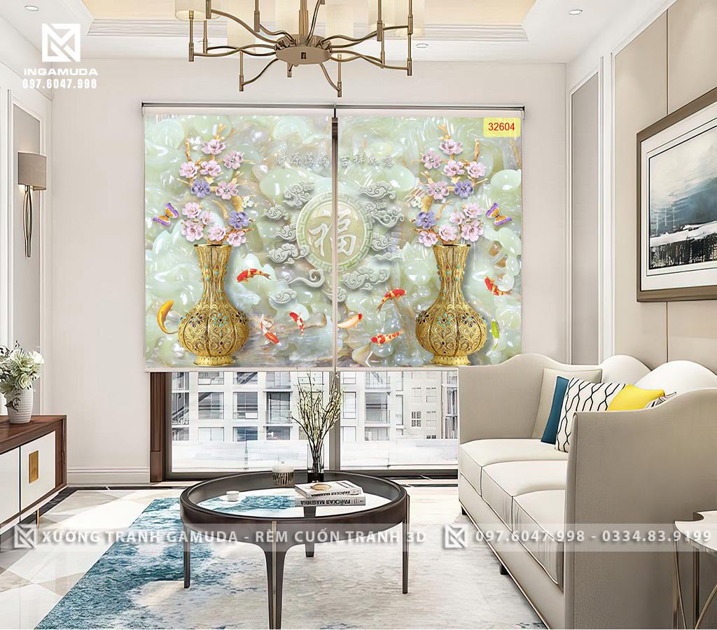 Rèm Tranh 3D Họa Tiết Đôi Bình  Hoa giả Ngọc 