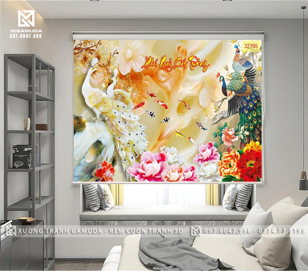 Rèm Cuốn Tranh 3D In Họa Tiết Gỉa Ngọc Hoa Sen Hồng Cùng Đôi Chim Công Khổng Tước Biểu Tượng Cho Sự Tốt Lành, Trường Tồn Vĩnh Cửu