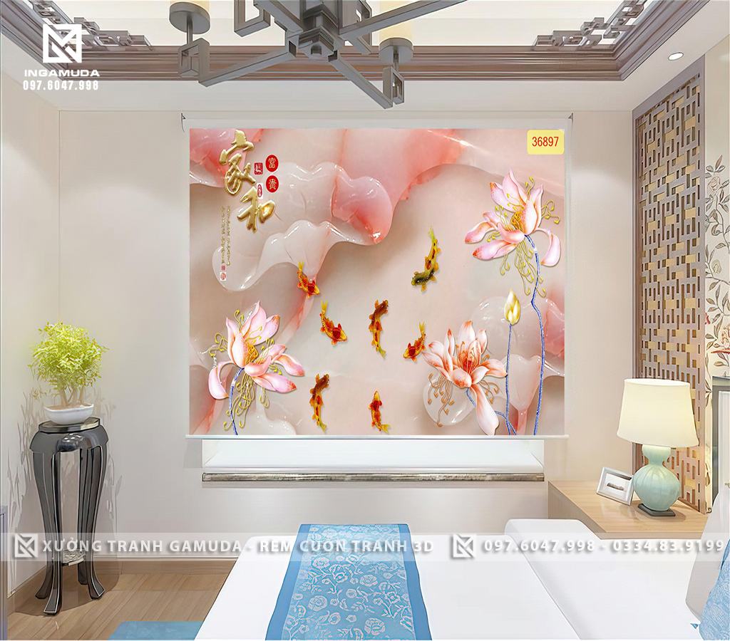 Rèm Cuốn Tranh 3D In Họa Tiết Hoa Sen Hồng Cùng Đàn Cá giả Ngọc Biểu Tượng Cho Sự Sống Mãnh Liệt - Rèm Cản Sáng Cản Nhiệt