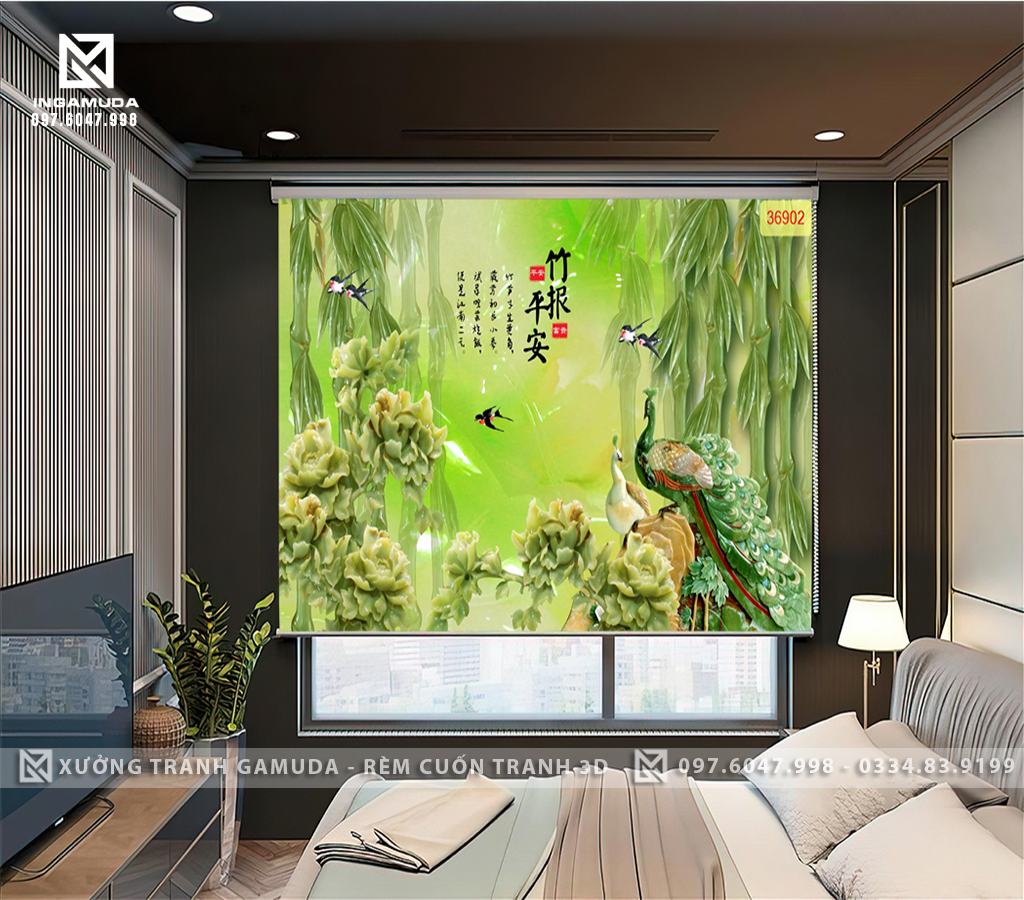 Rèm 3D In Họa Tiết Công Khổng Tước Cùng Cây Tre Biểu Tượng Cho Tình Yêu Nước Và Tinh Thần Chiến Đấu Của Dân Tộc Ta