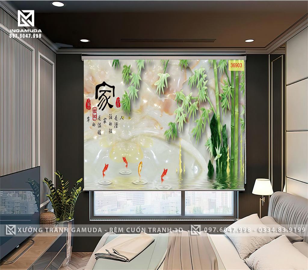 Tranh 3D Họa Tiết Cây Tre giả Ngọc Cùng Đàn Cá - Hàng Thiết Kế Theo Yêu Cầu