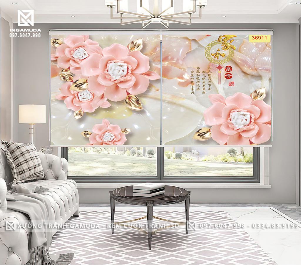 Rèm Cuốn Tranh Họa Tiết 3D In Hoa Hồng Đá Đẹp Và Sang Trọng Trên Gam Màu Tươi Sáng
