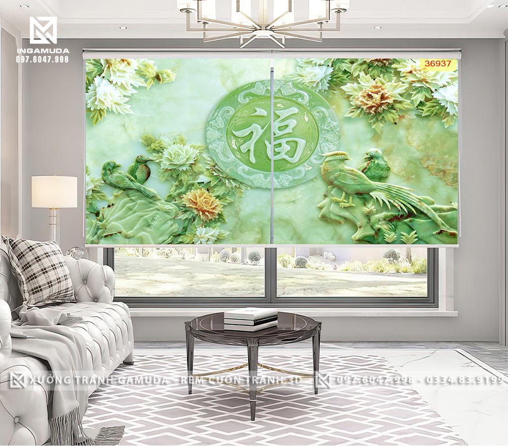 Rèm Tranh 3D Họa Tiết Đôi Chim Và Hoa Trên Nền Xanh giả Ngọc Đẹp Nhất
