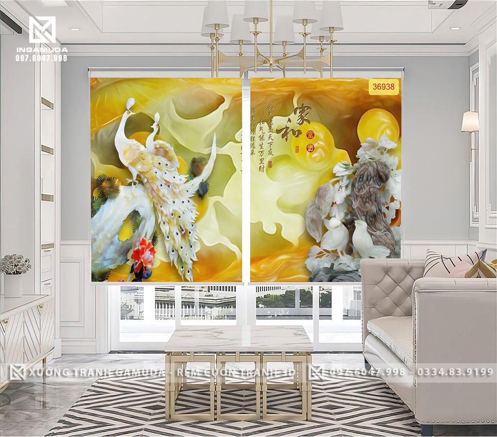 Rèm Cuốn In Tranh 3D Đôi Công Khổng Tước Tượng Trưng Cho Sự Thịnh Vượng, Giau Có 