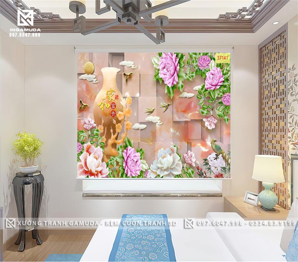Rèm Tranh 3D In Họa Tiết Hoa Mẫu Đơn Sắc Màu Biểu Tượng Cho Sự May Mắn, Giau Sang
