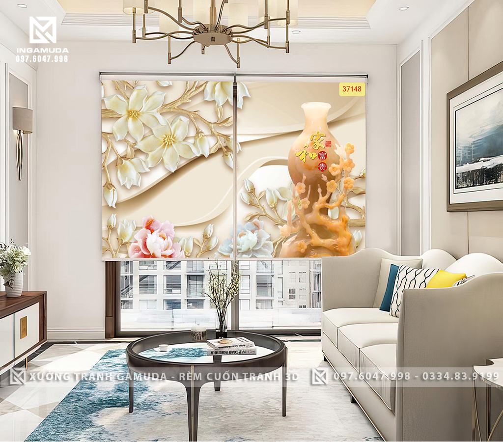 Rèm Cuốn Tranh 3D In Họa Tiết Hoa Lan Trắng Trên Nền Ngọc Tạo Sự Sang Trọng 