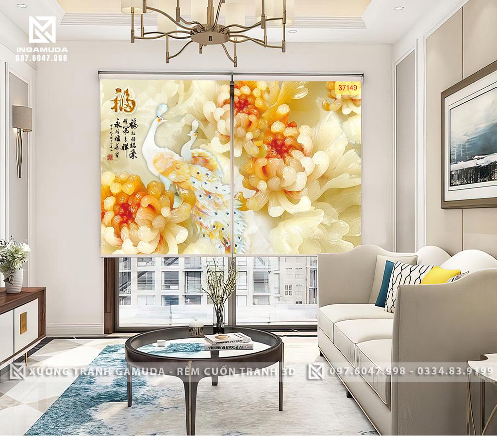 Rèm Cuốn Tranh 3D In Họa Tiết Hoa Và Đôi Công Khổng Tước Biểu Tượng Cho Sự Cao Qúy, Giau Có