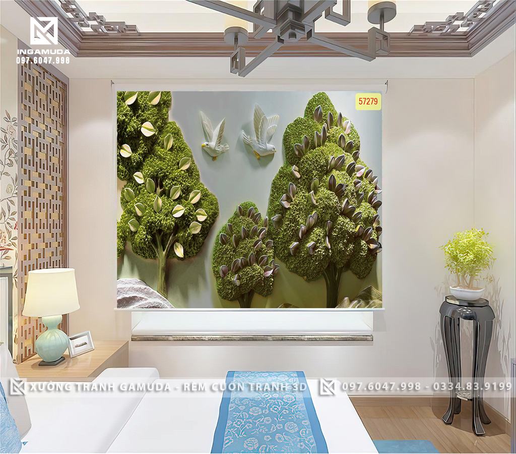 Rèm In 3D Họa Tiết Cây Xanh Cùng Đôi Chim Bồ Câu Tượng Trưng Cho Sự Hòa Bình - Rèm Cản Sáng Cản Nhiệt