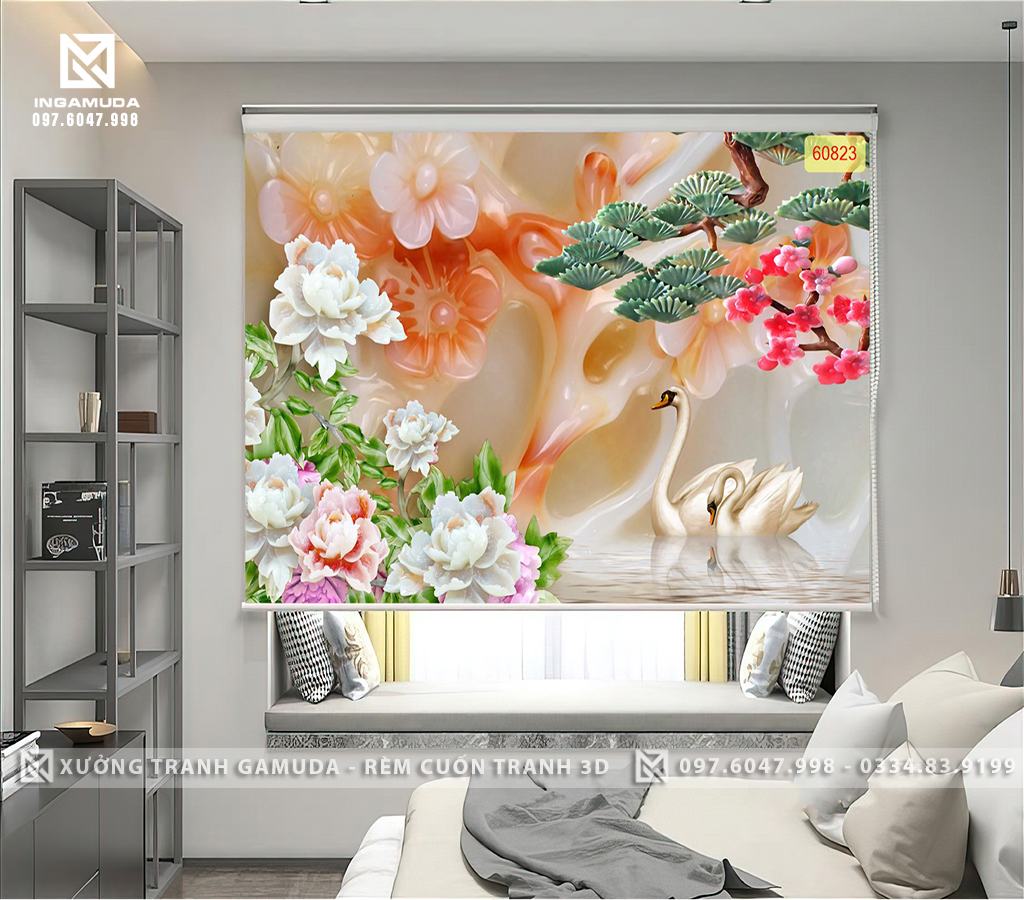 Tranh 3D Họa Tiết Hoa Mẫu Đơn Cùng Chim Thiên Nga Biểu Tượng Cho Tình Yêu Hạnh Phúc, Trọn Vẹn - Rèm Cản Sáng Cản Nhiệt