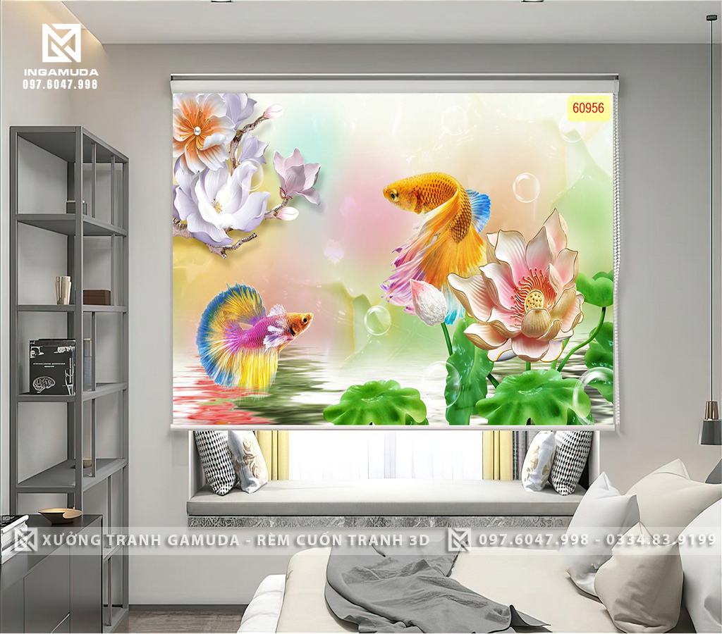 Rèm Cuốn In Tranh 3D Họa Tiết Hoa Sen Cùng Đôi Cá Sắc Mfau Tượng Trưng Cho Sự Tinh Khiết - Xưởng Rèm Gamuda In Ấn Và Sản Xuất Theo Đơn Đặt Hàng