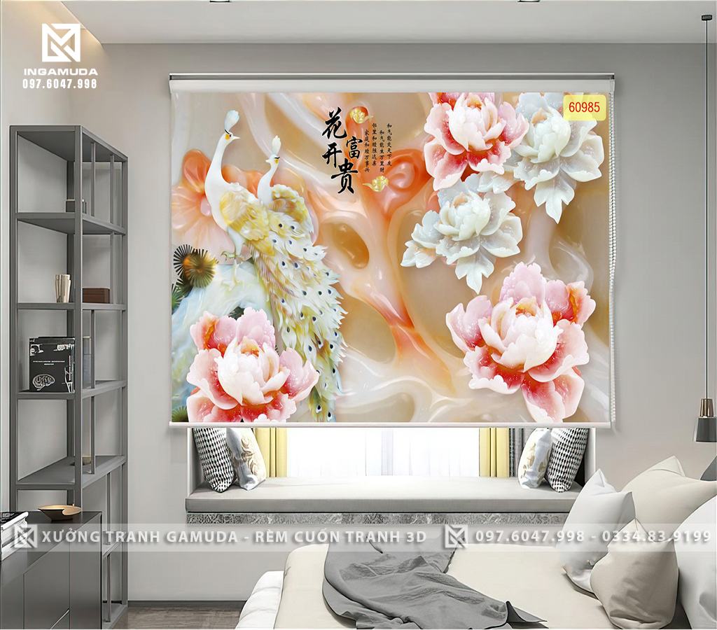 Rèm Tranh 3D Họa Tiết Hoa Lan Và Đôi Chim Công Tượng Trưng Cho Sự Gắn Bó Không Thể Tách Rời