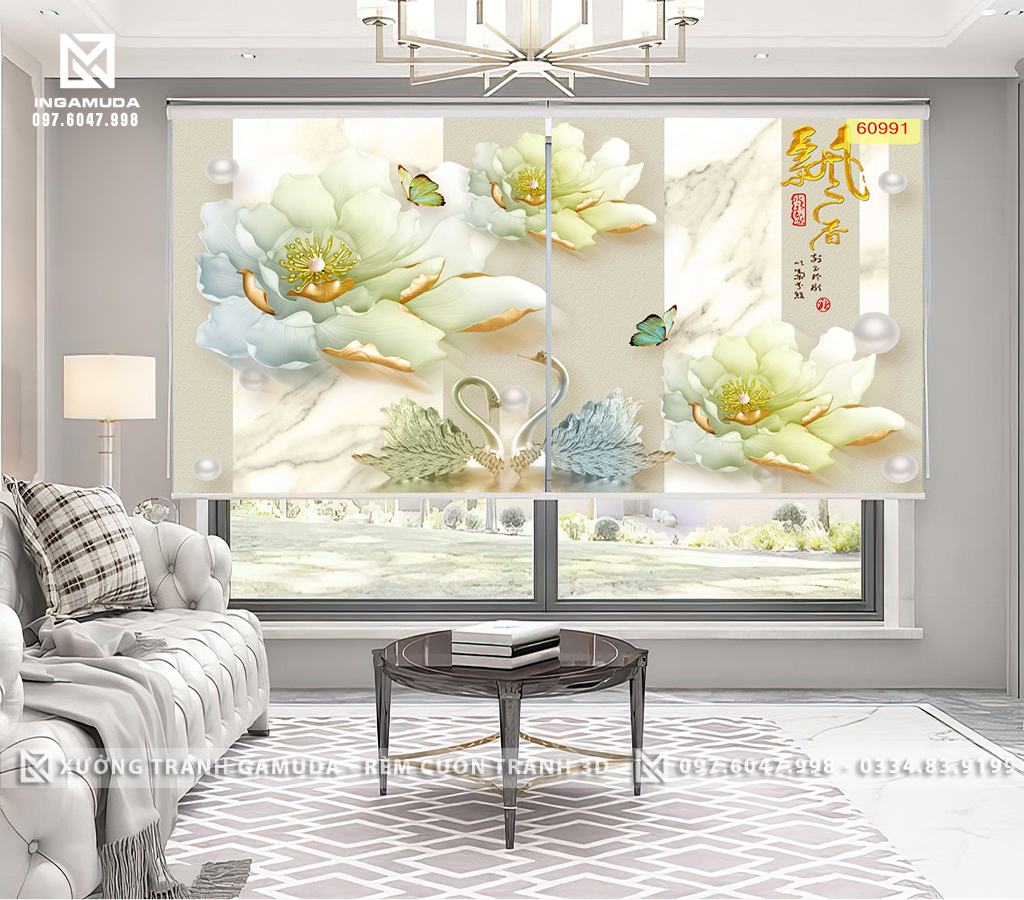 Rèm 3D Họa Tiết Đôi Thiên Nga Tượng Trưng Cho Tình Yêu Và Lòng Chung Thủy- Xưởng Rèm GAMUDA Gía Rẻ Nhất Thị Trường