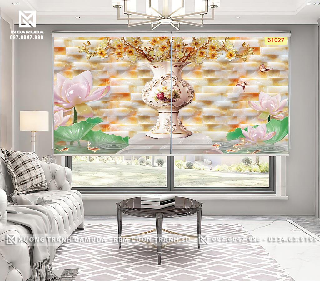 Rèm In Tranh 3D giả Ngọc Với Bình Hoa Tạo Nên Sự Sang Trọng