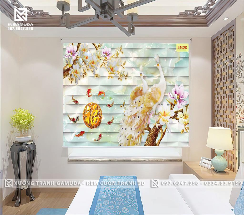 Rèm Cuốn In Tranh 3D Đôi Công khổng Tước Tượng Trưng Cho Sự Thịnh Vượng, Giau Có 