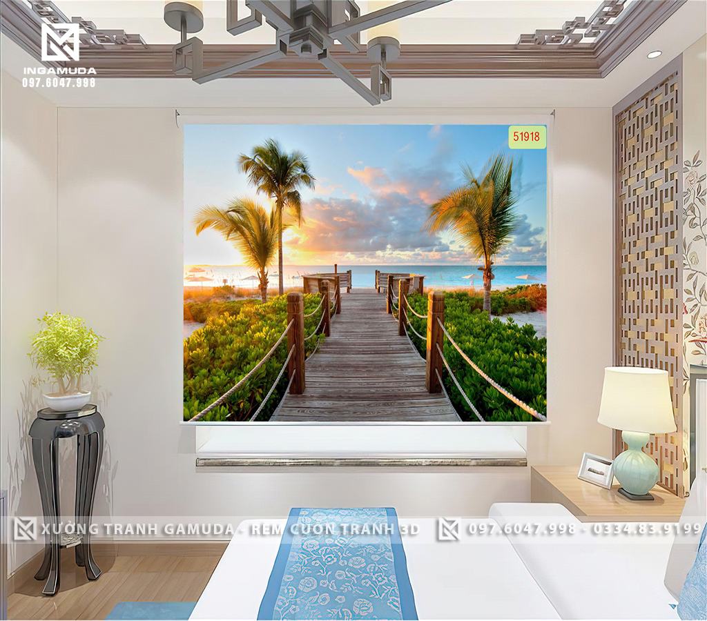 Rèm Cuốn Tranh 3D Cây Cầu Hướng Đến Bãi Điển Không Gian Chiều Sâu Cho Phòng Ngủ