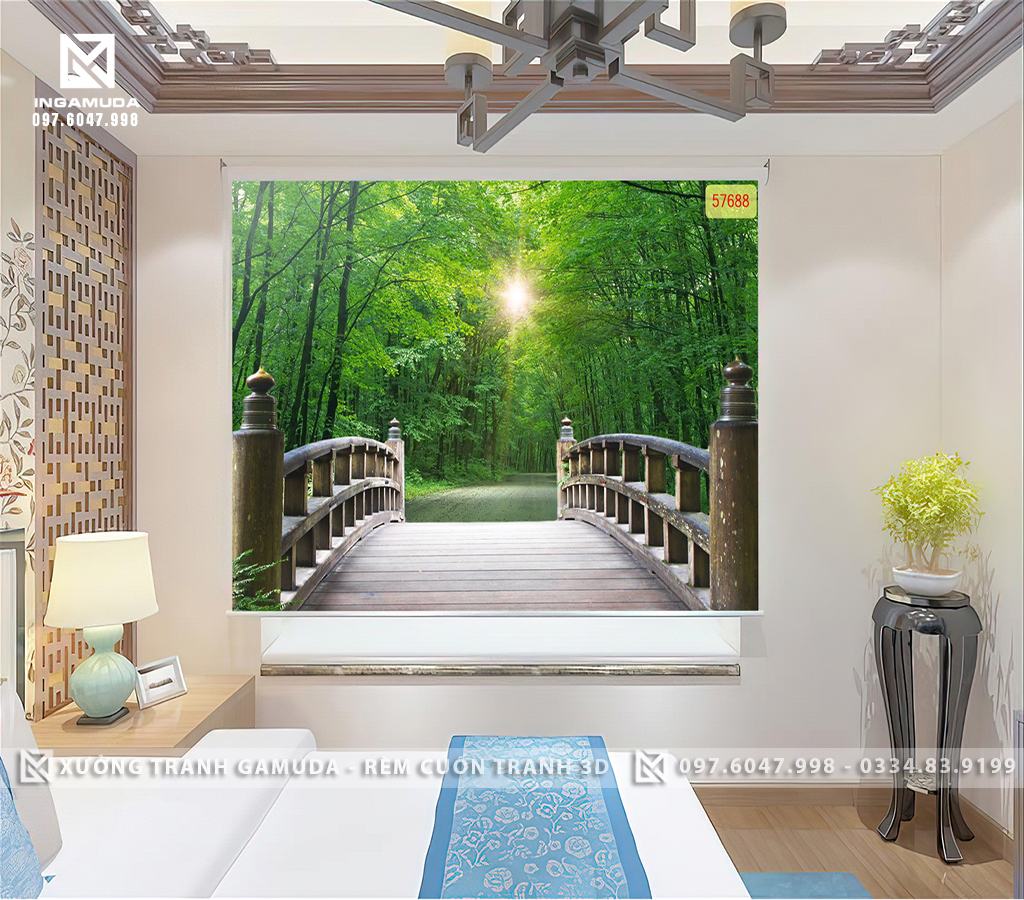 Rèm In Tranh 3D Con Đường Dẫn Qua Cây Cầu Phía Trước Là Hai Hàng Cây Xanh Mướt