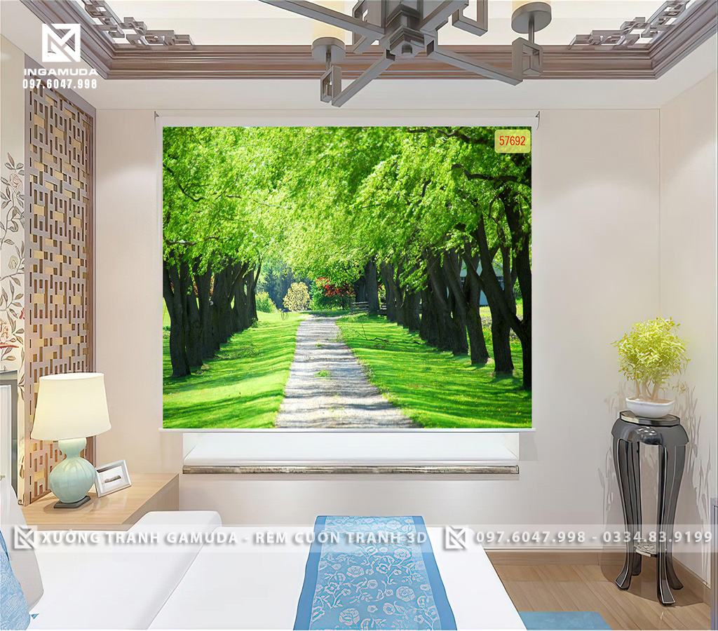 Rèm Cuốn Tranh 3D Con Đường Giữa Hai Bên Có Hàng Cây Xanh