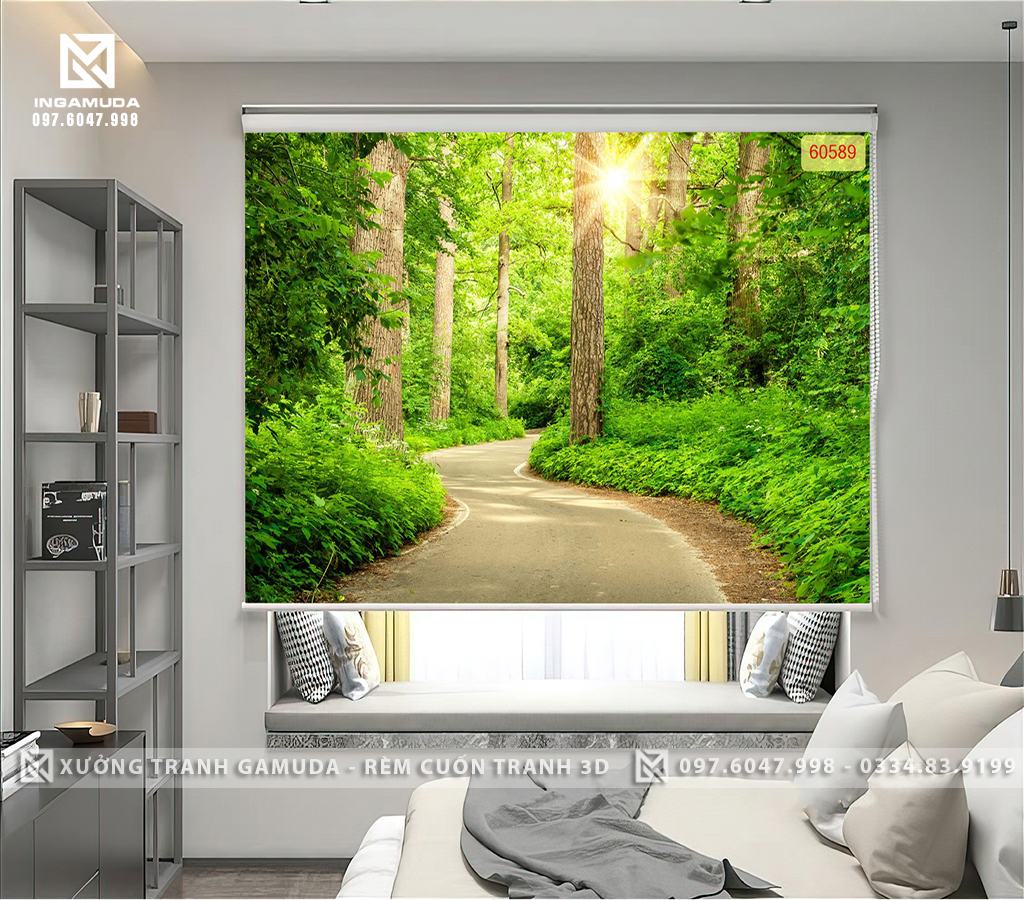 Rèm Cuốn In Tranh 3D Con Đường Giữa Những Hàng Cây Xanh Mướt Lắp Ló Là Những Tia Nắng Chiếu Qua Những Khe Lá