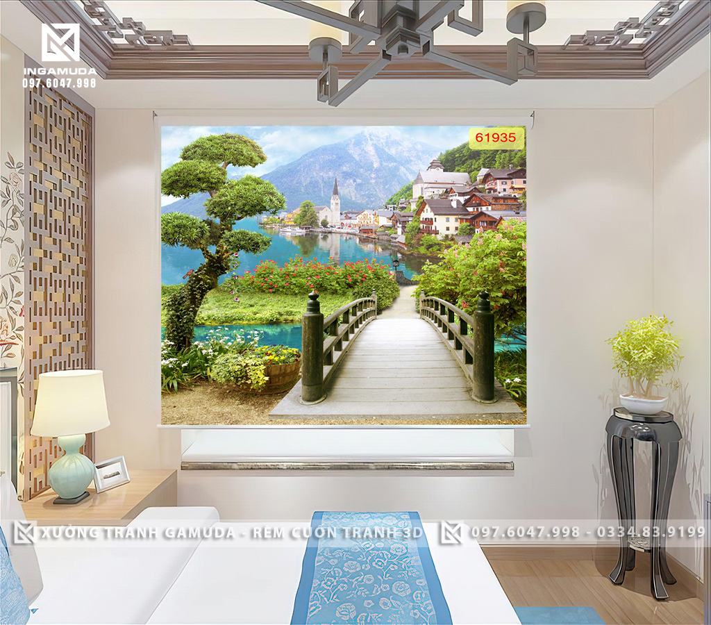 Rèm Cuốn Tranh 3D Cây Cầu Dẫn Đến Thành Phố Ven Biển Thở Mộng Hai Bên Là Những Hàng Cây Xanh Mướt