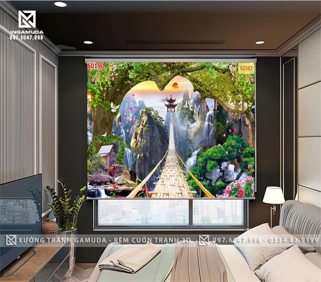 Rèm Cuốn Tranh 3D Cây Cầu Dẫn Đến Tháp Chùa Khung Cảnh Tạo Chiều Sâu Cho Không Gian Phòng Ngủ Sản Xuất Tại Xưởng In Gamuda
