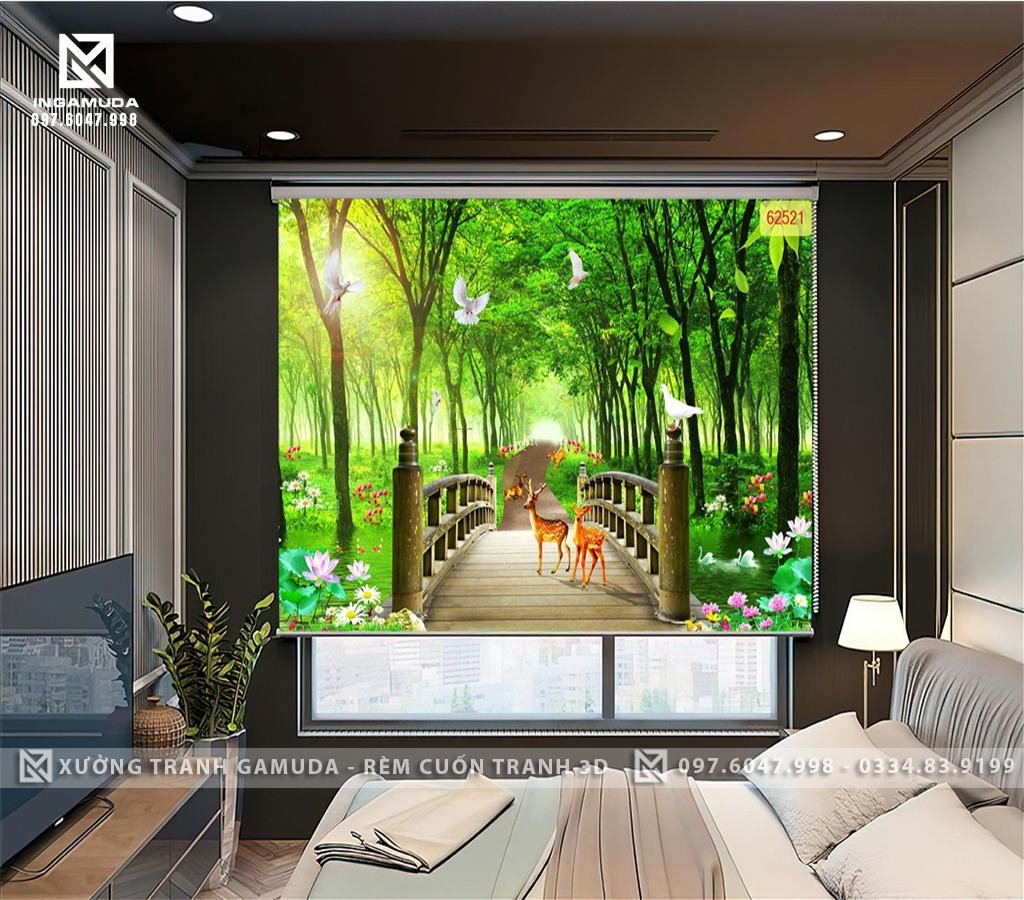 Rèm Cuốn Tranh 3D Con Đường Đi Qua Cây Cầu Thơ Mộng Có Đàn Chim Bồ Câu Và Đôi Hươu Đang Đón Ánh Nắng Mặt Trời Có Hàng Cây Xanh Mát