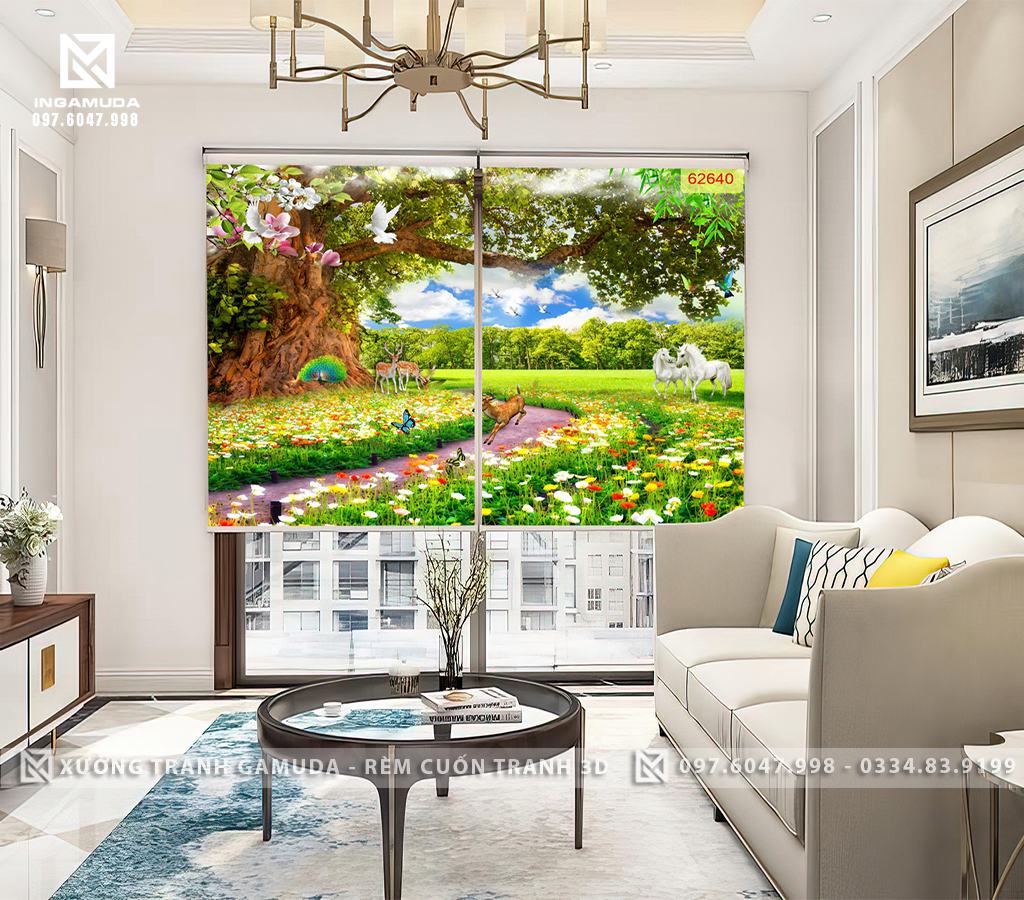 Rèm Cuốn Tranh 3D Chia Làm 2 Tấm In Hình Đôi Bạch Mã Đang Âu Yếm Bên Nhâu Những Chú Bố Và Cô Bướm Đang Bay Trong Nắng Trong Một Khung Cảnh Đầy Hoa Và Nắng