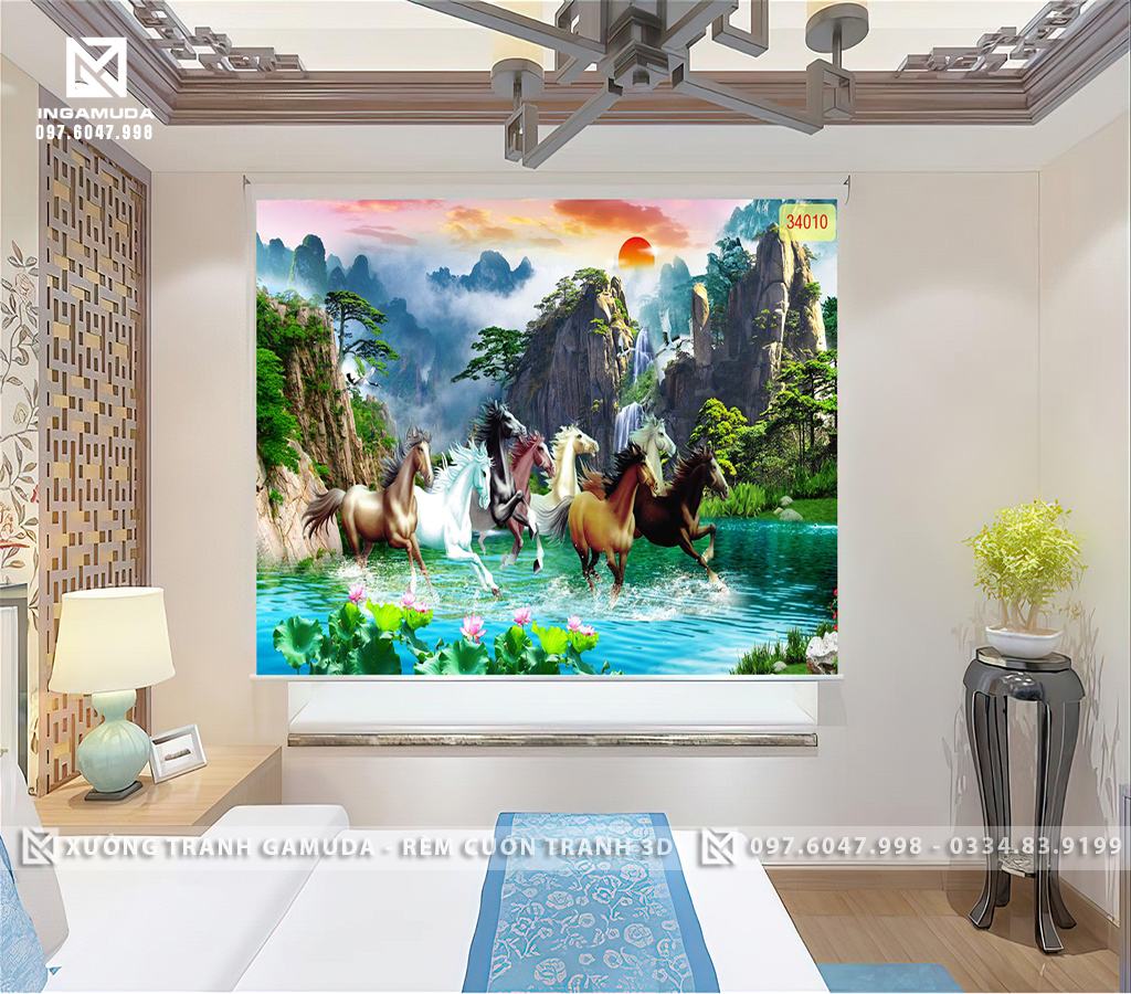 Rèm Cuốn Tranh In Hình Mã Đáo Thay Một Lời Chúc May Mắn , Thành Công 